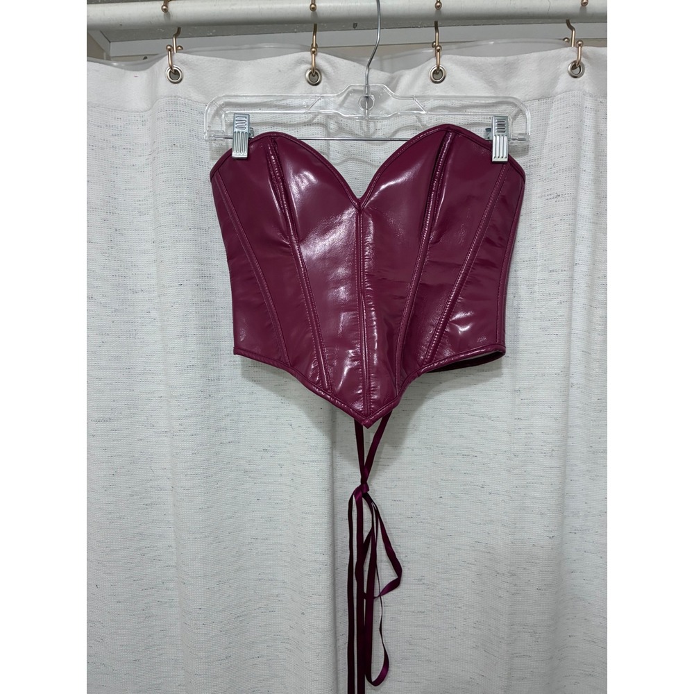 Burgundy Faux Leather Lace Up Corset Top Strapless XS Clubwrar Fairy Ren Faire